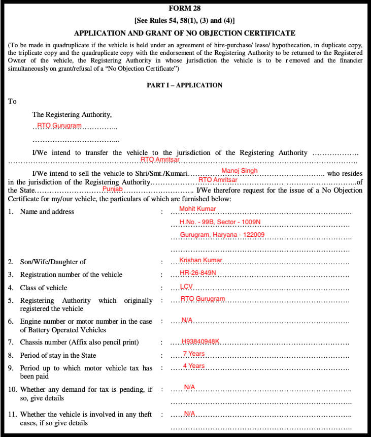 Rto Form 28 Download The Sample Filled Pdf Form Online